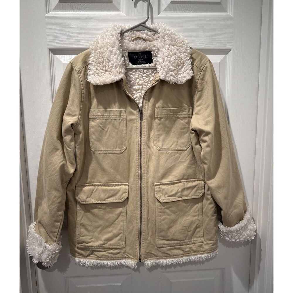 Empire Canvas Beige Sherpa Lined Zip Utility Jacket Pockets Women's Medium